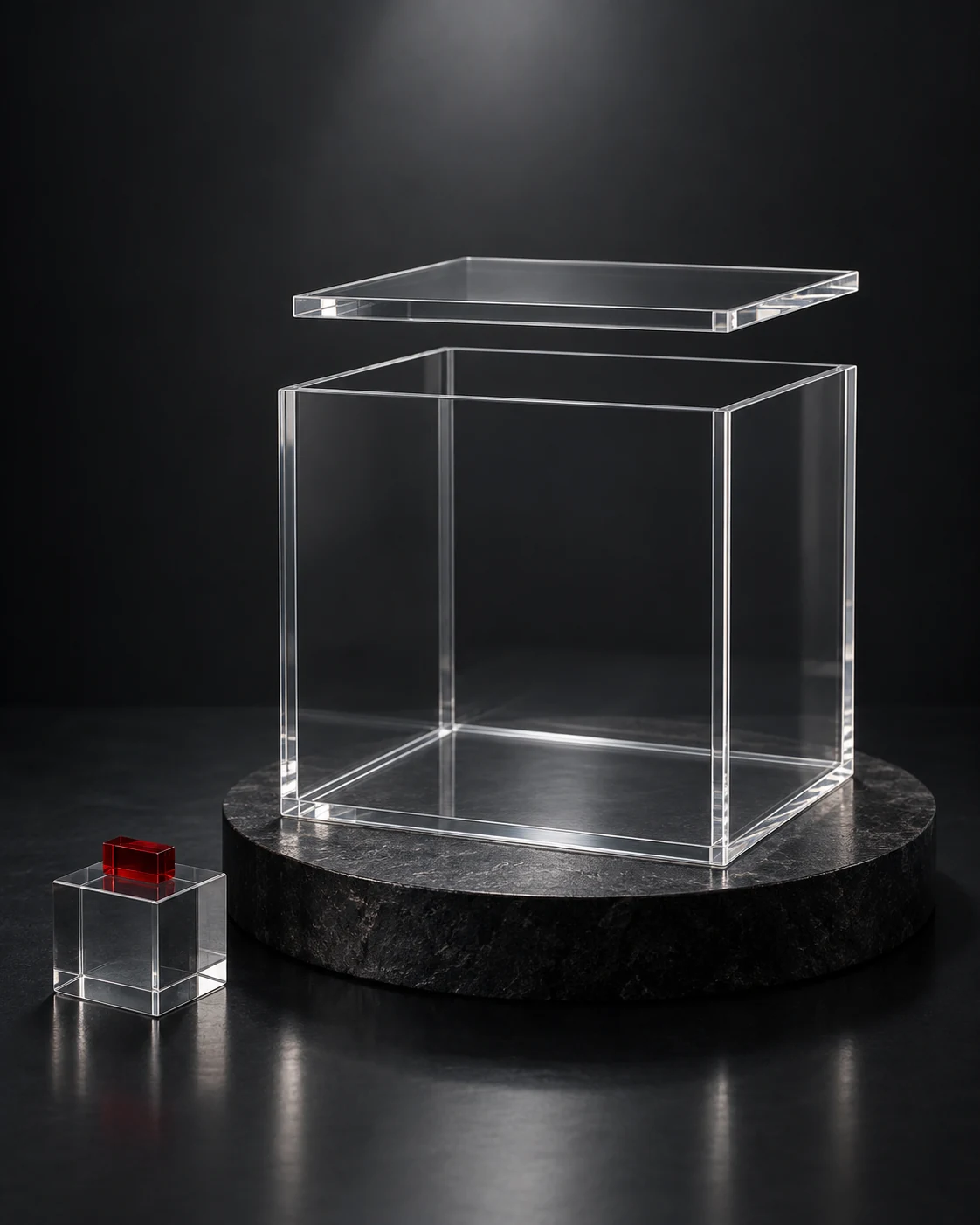 Imagem conceitual de caixa transparente de acrílico sob iluminação de estúdio