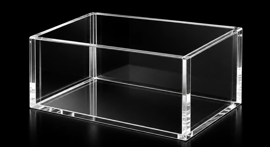 Elemento visual da marca: caixa de acrílico transparente sobre fundo preto