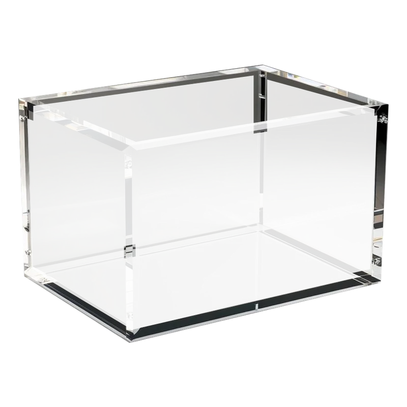Caixa retangular transparente de acrílico, sem tampa.