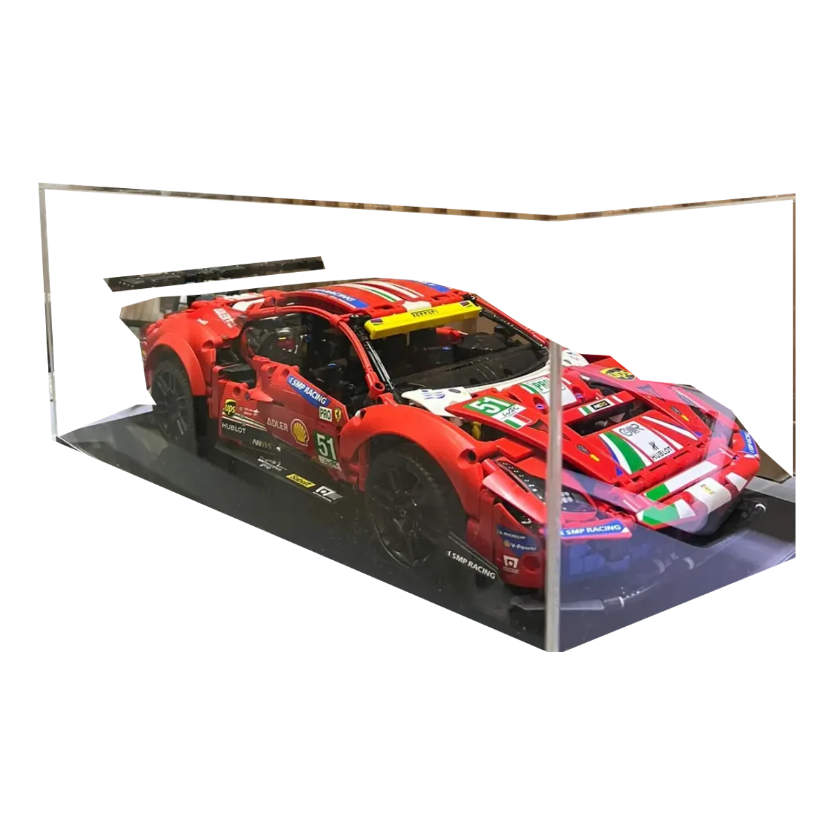 Caixa expositora transparente de acrílico protegendo uma miniatura de carro de corrida.